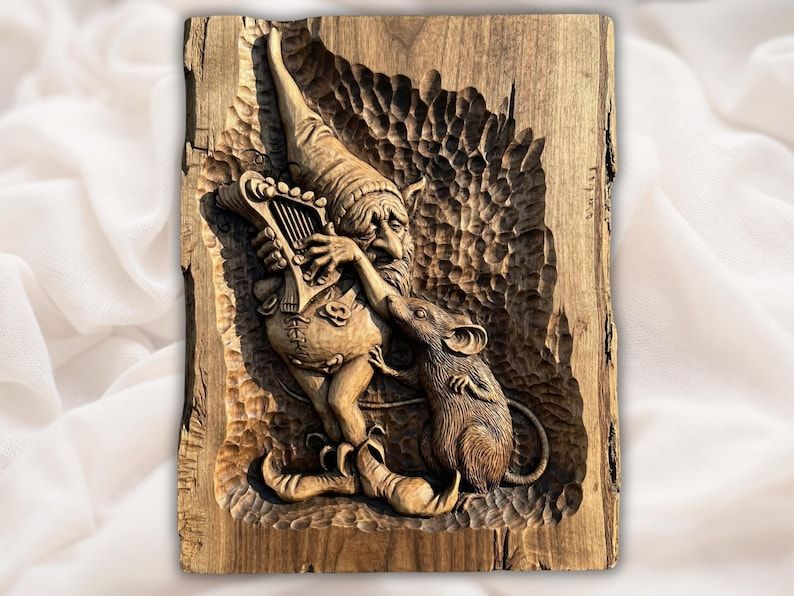 Gnome Playing Lyre for a Mouse 3D Relief STL Carving bas-relief STL design