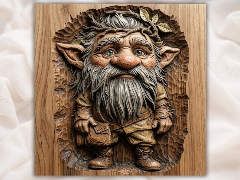 Bas-relief wood carving of a bearded forest gnome with pointed ears, leaves in his hair, and layered clothing.