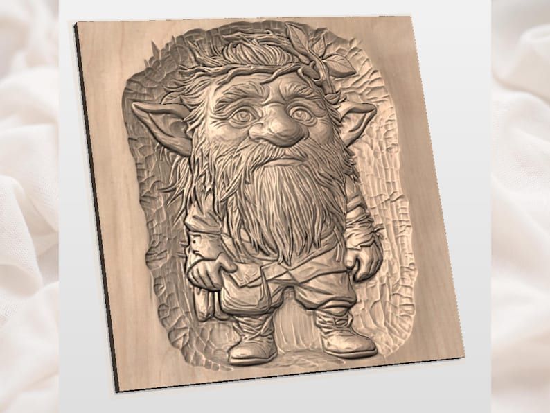 Bearded Forest Gnome Bas-Relief STL for CNC and 3D Printing bas-relief STL — view 3