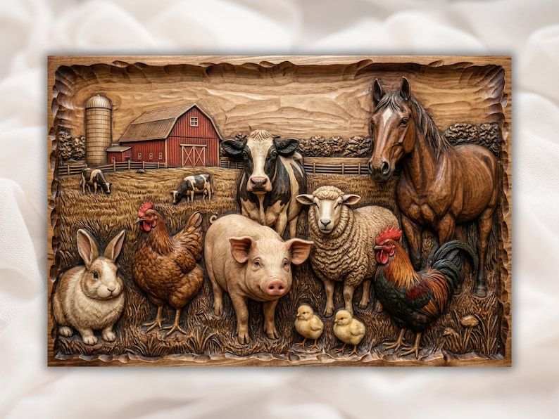 Carved wood relief of a cow, horse, pig, sheep, rooster, hen, chicks and rabbit by a red barn