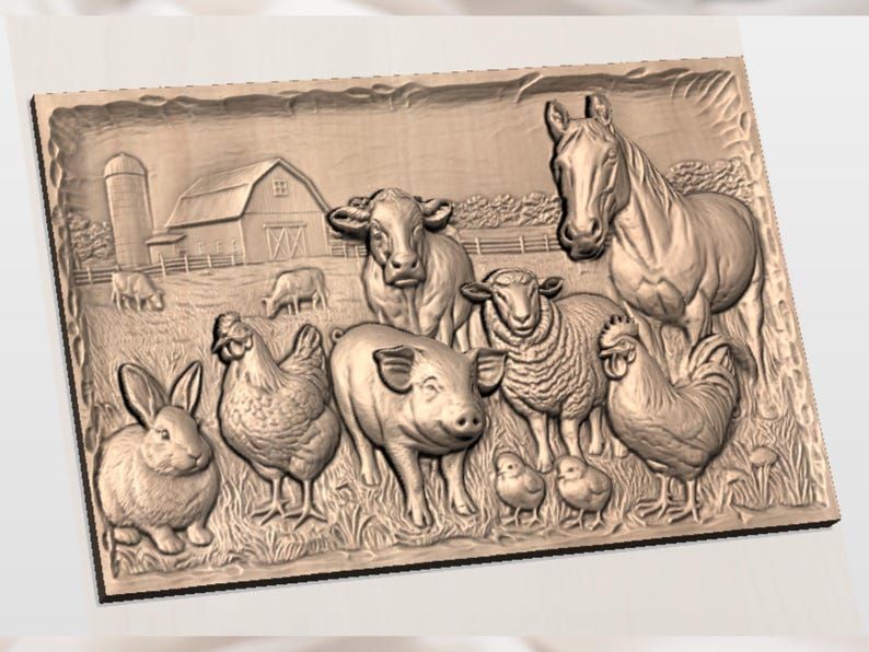 Barnyard Family Scene: Cow, Horse, Pig, Sheep & Chicks Relief bas-relief STL — view 2