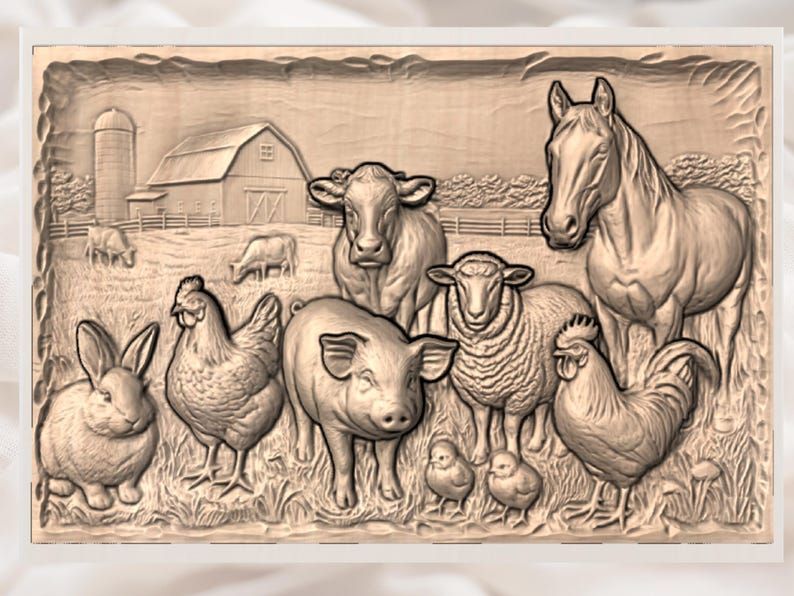 Barnyard Family Scene: Cow, Horse, Pig, Sheep & Chicks Relief bas-relief STL — view 3
