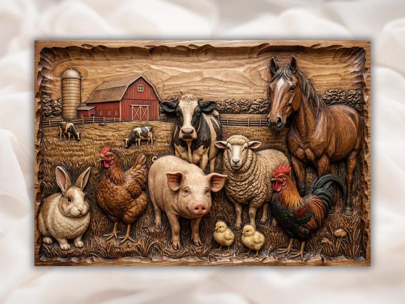 Barnyard Family Scene: Cow, Horse, Pig, Sheep & Chicks Relief bas-relief STL design