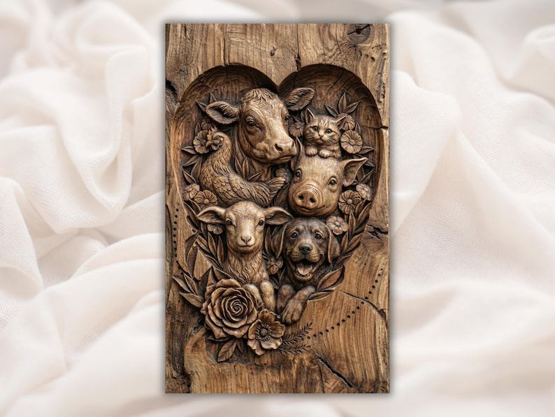 Carved wood relief of a cow, pig, lamb, puppy and kitten inside a heart framed with roses and leaves.