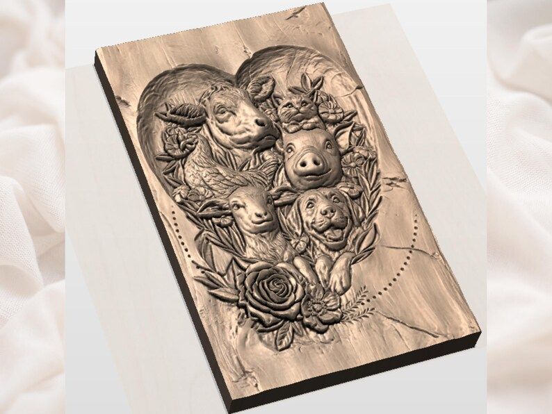 Farm Animal Family Heart Relief STL with Cow, Pig, Lamb, Pup and Cat bas-relief STL — view 2
