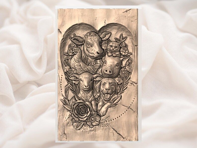 Farm Animal Family Heart Relief STL with Cow, Pig, Lamb, Pup and Cat bas-relief STL — view 3