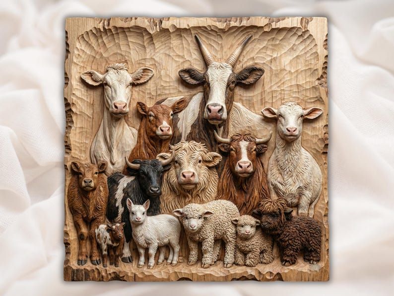 Carved wood bas-relief of a farm animal family: cows, a horned goat, calves, sheep and woolly lambs grouped together.