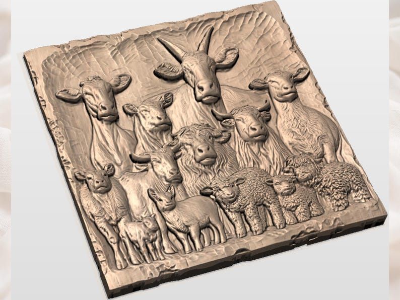 Farm Animal Family Portrait Bas-Relief STL: Cows, Goats, Lambs bas-relief STL — view 2
