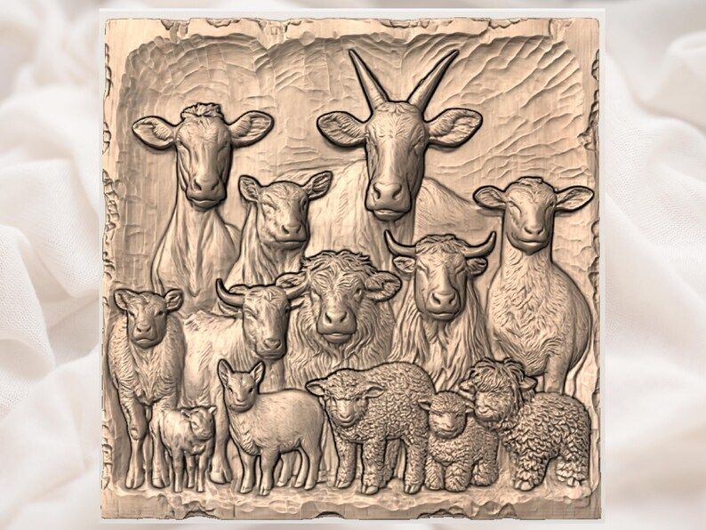 Farm Animal Family Portrait Bas-Relief STL: Cows, Goats, Lambs bas-relief STL — view 3