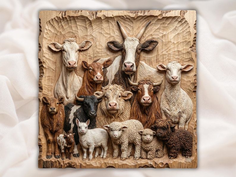 Farm Animal Family Portrait Bas-Relief STL: Cows, Goats, Lambs bas-relief STL design
