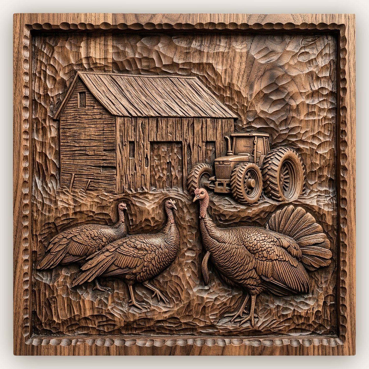 Farm Barn Turkey Scene CNC Relief STL | Rustic Country Landscape Wall Art | Farmhouse Wood Carving Design — carved bas relief STL file for CNC