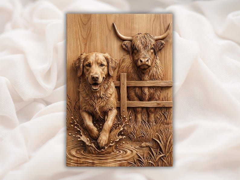Bas-relief carving of a golden retriever splashing in water beside a Highland cow behind a wooden fence