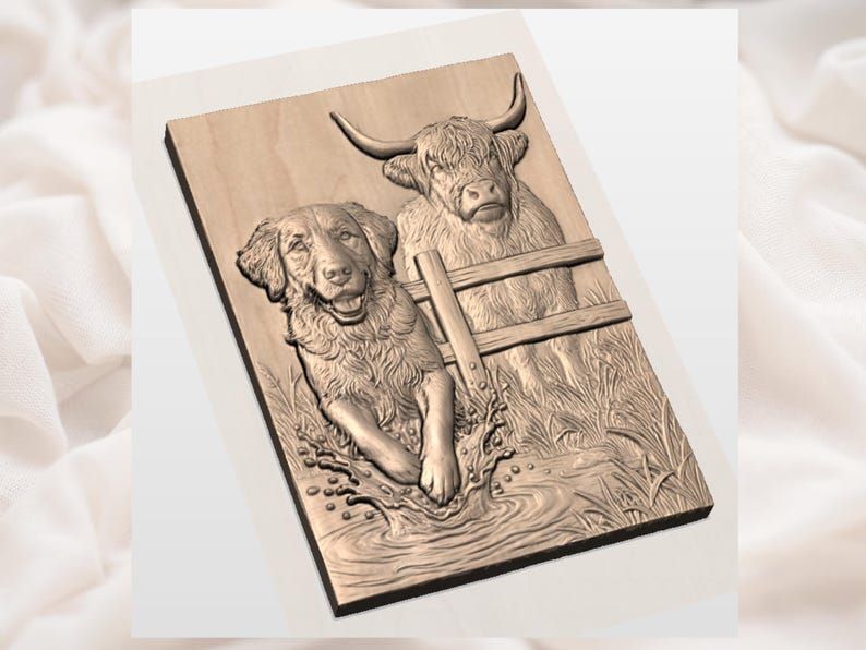 Golden Retriever Splashing & Highland Cow at the Fence Relief STL bas-relief STL — view 2