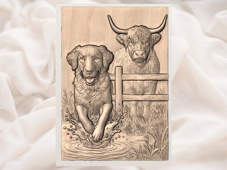 Golden Retriever Splashing & Highland Cow at the Fence Relief STL bas-relief STL — view 3