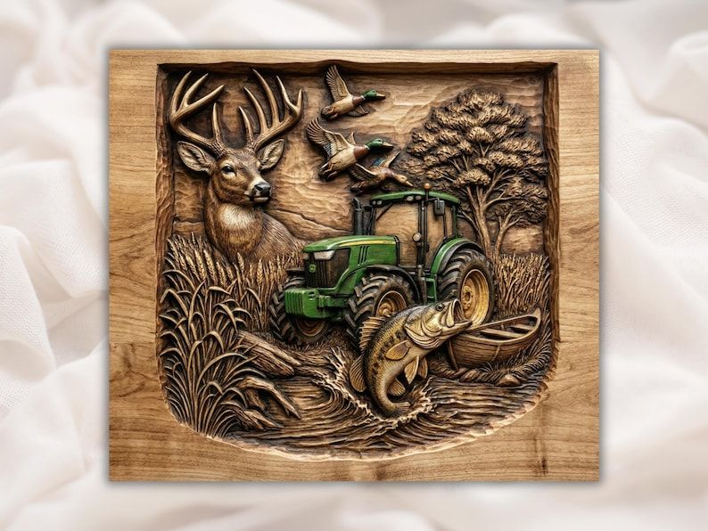 Carved wood relief of a buck deer, green tractor, two flying ducks, wheat field, and a leaping bass by a boat