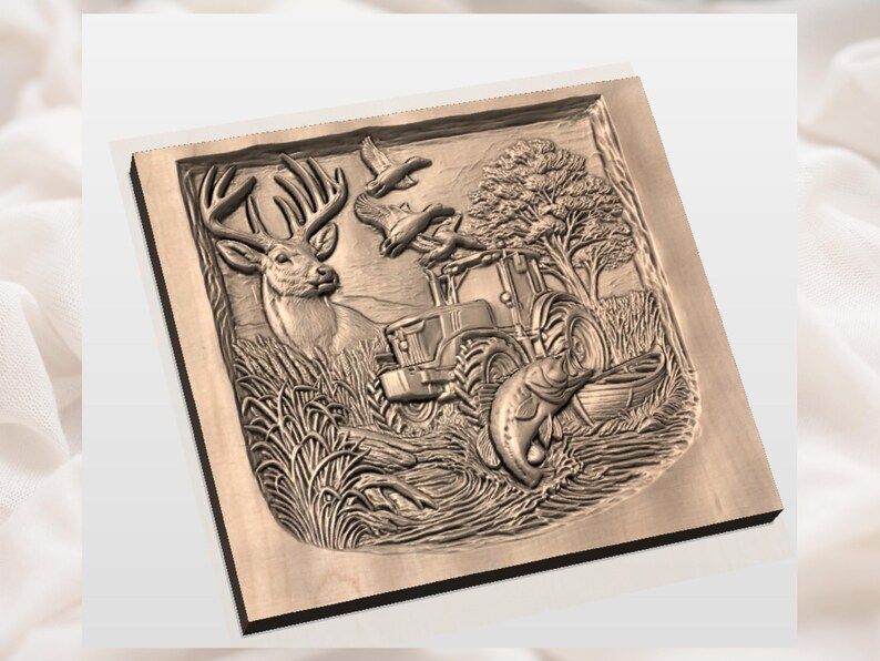 Outdoorsman Scene STL: Buck, Tractor, Ducks and Bass Relief bas-relief STL — view 2