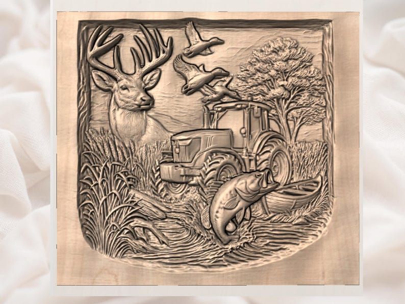 Outdoorsman Scene STL: Buck, Tractor, Ducks and Bass Relief bas-relief STL — view 3