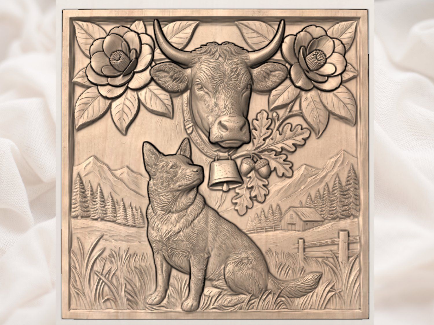 Farm Life Heritage Pastoral Scene Cow and Dog CNC Relief STL bas-relief STL — view 2