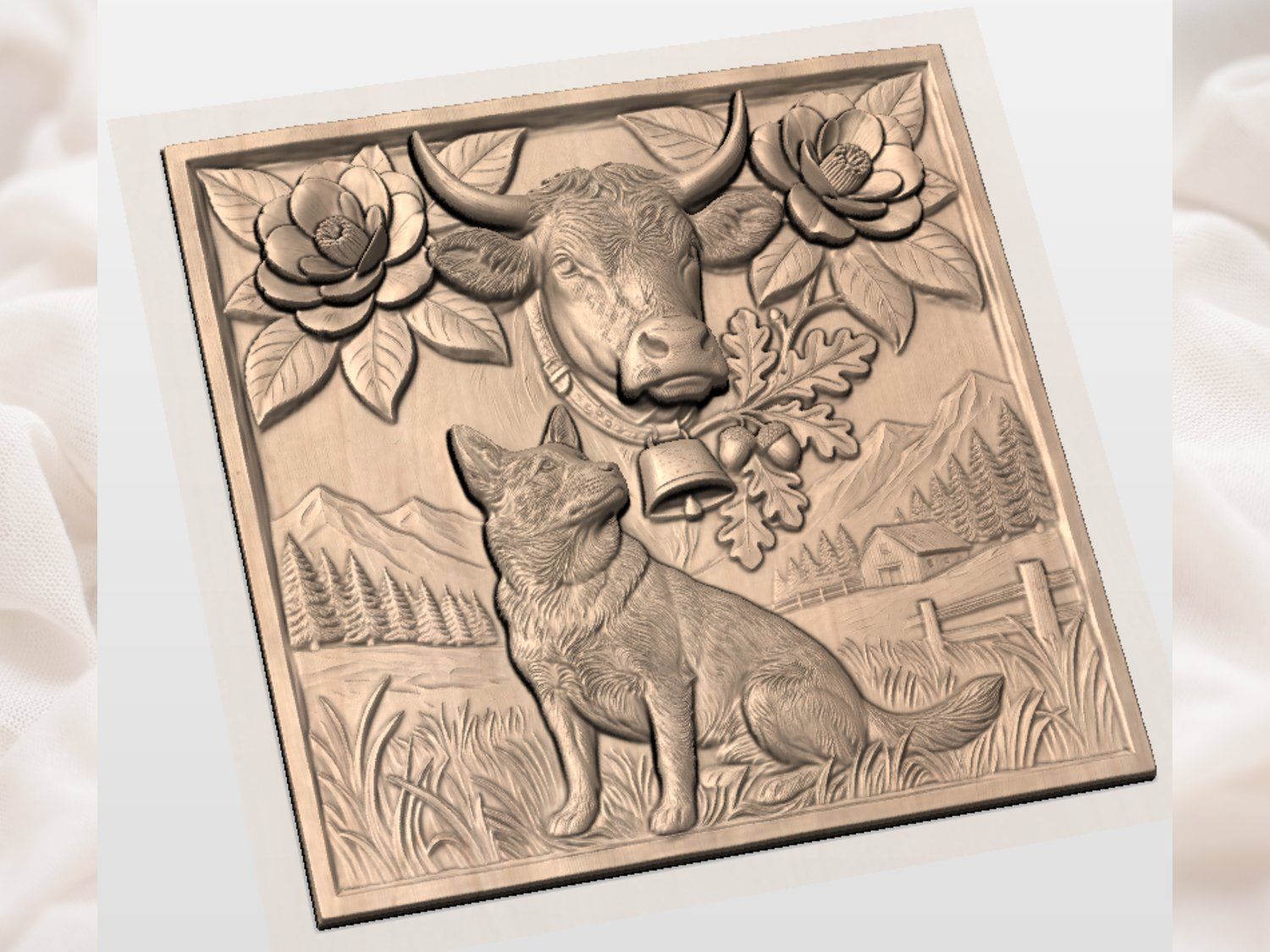 Farm Life Heritage Pastoral Scene Cow and Dog CNC Relief STL bas-relief STL — view 3