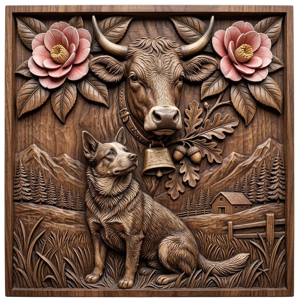 Farm Life Heritage Pastoral Scene Cow and Dog CNC Relief STL bas-relief STL — view 9
