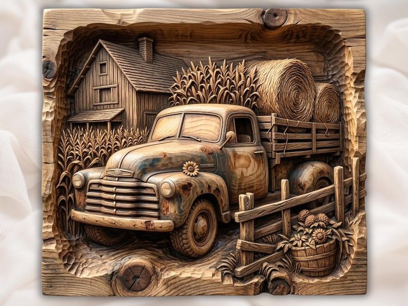 Bas-relief wood carving of a vintage pickup truck with hay bales beside a barn, cornfield, and fence