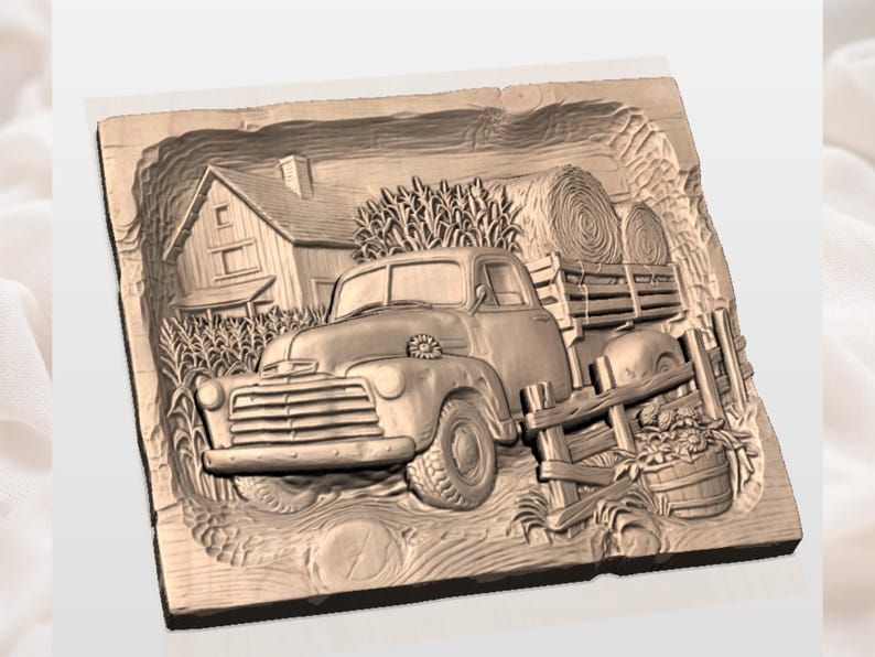 Vintage Farm Truck With Hay Bales Bas-Relief STL bas-relief STL — view 2