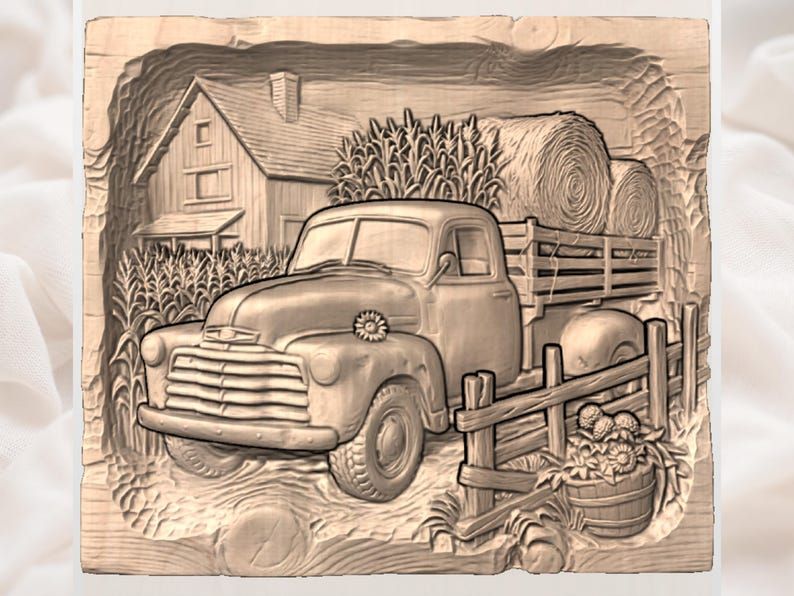 Vintage Farm Truck With Hay Bales Bas-Relief STL bas-relief STL — view 3