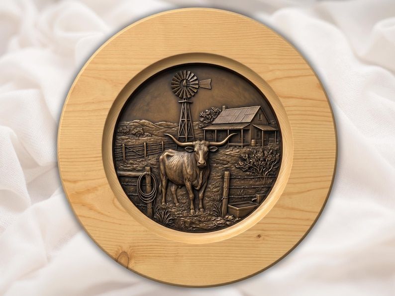 Round wood relief carving of a Texas longhorn standing by a fence with a windmill and barn behind it