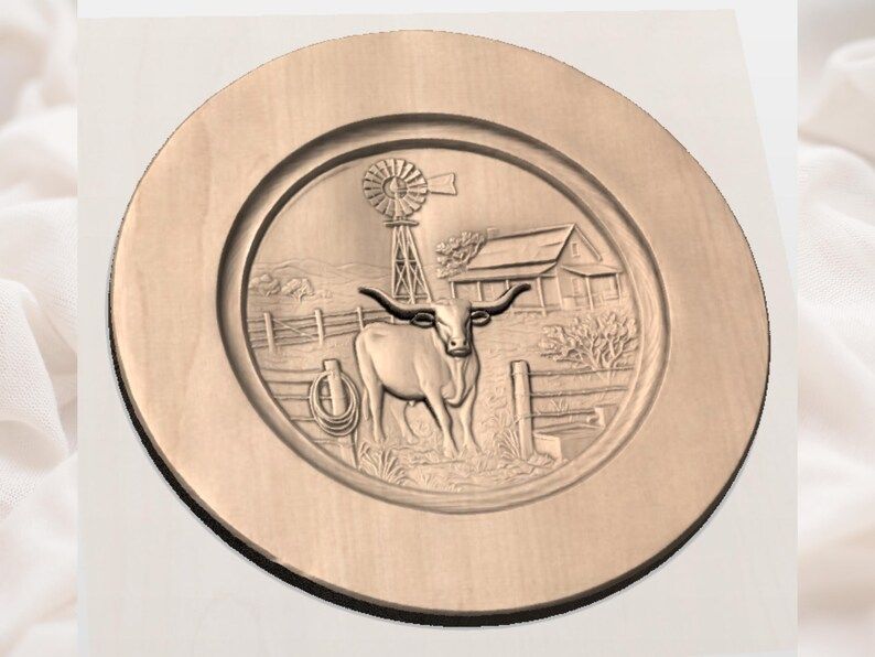 Texas Longhorn Ranch Scene Round Relief with Windmill and Barn bas-relief STL — view 2