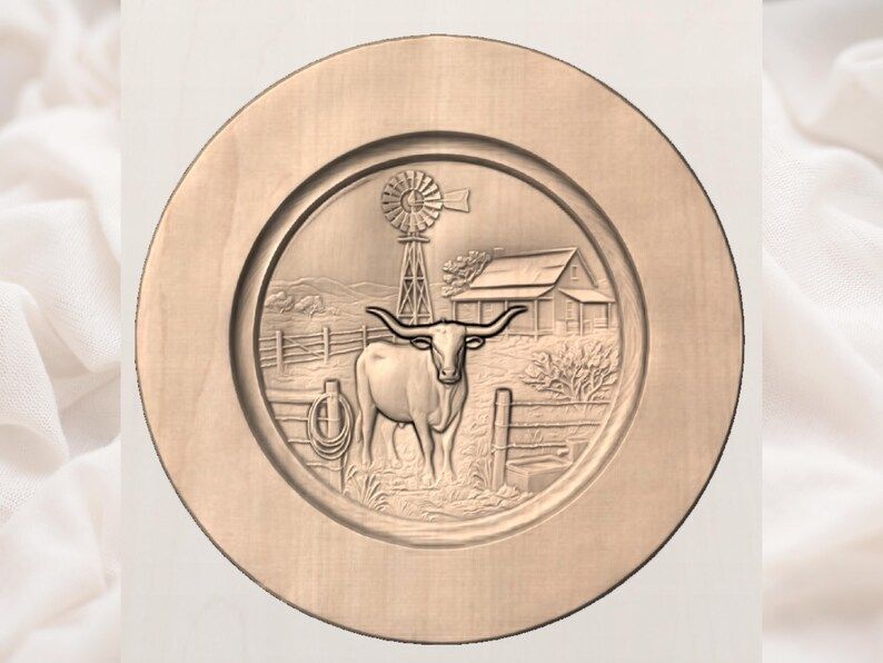 Texas Longhorn Ranch Scene Round Relief with Windmill and Barn bas-relief STL — view 3