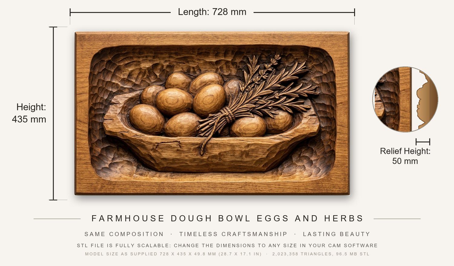 Farmhouse Dough Bowl Eggs and Herbs CNC Relief STL bas-relief STL — view 3