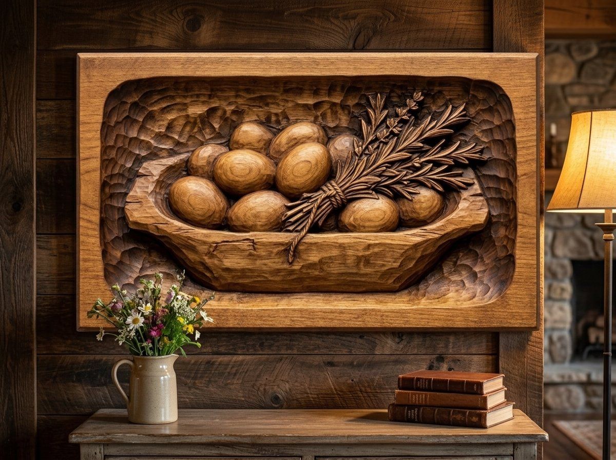 Farmhouse Dough Bowl Eggs and Herbs CNC Relief STL bas-relief STL — view 14