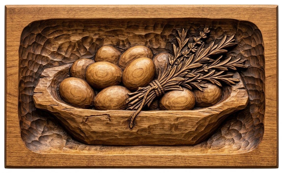 Farmhouse Dough Bowl Eggs and Herbs CNC Relief STL bas-relief STL — view 4
