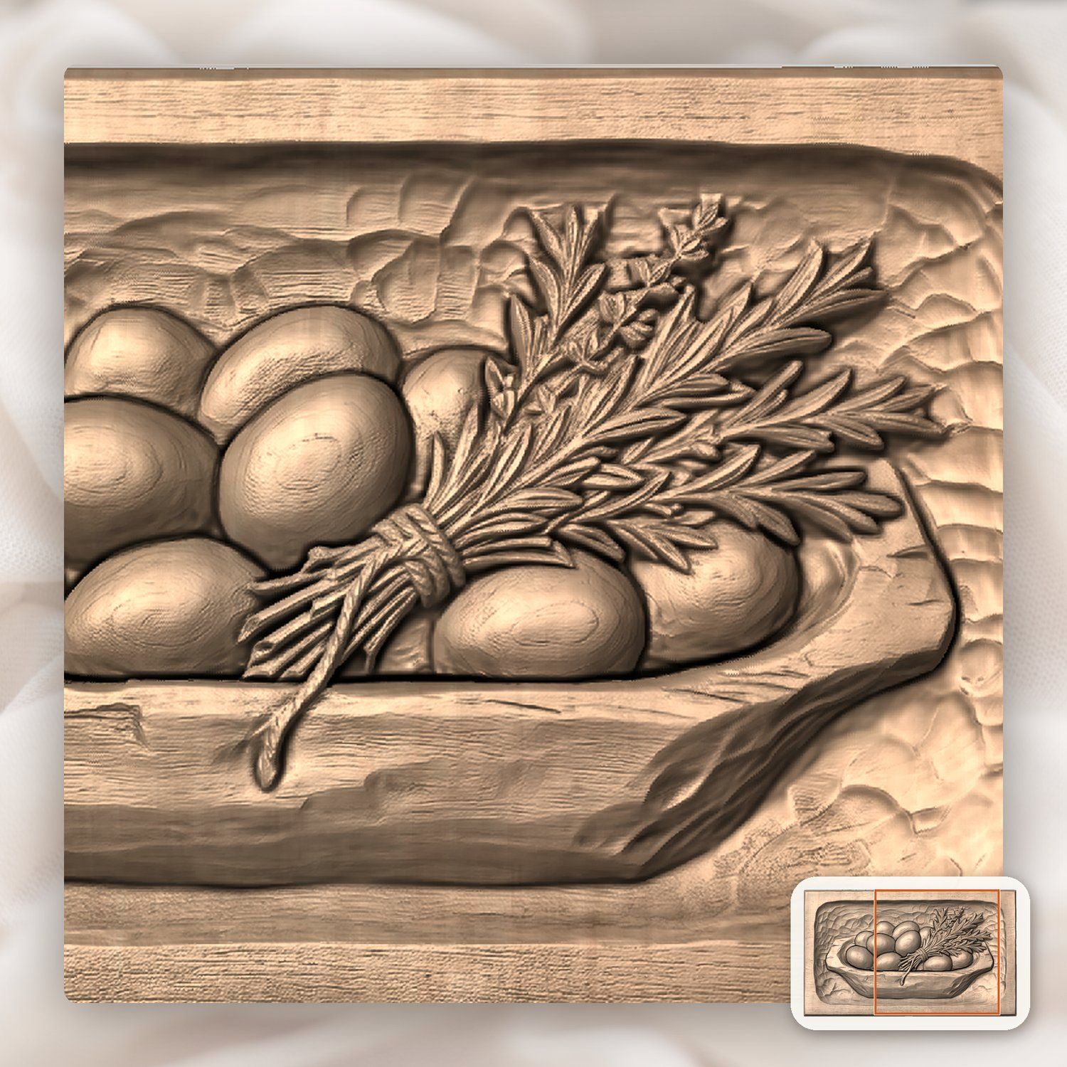 Farmhouse Dough Bowl Eggs and Herbs CNC Relief STL bas-relief STL — view 7