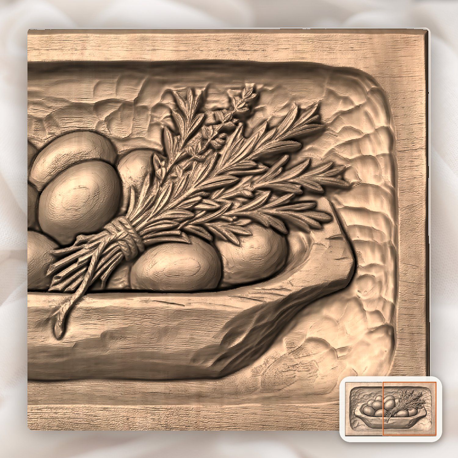 Farmhouse Dough Bowl Eggs and Herbs CNC Relief STL bas-relief STL — view 9