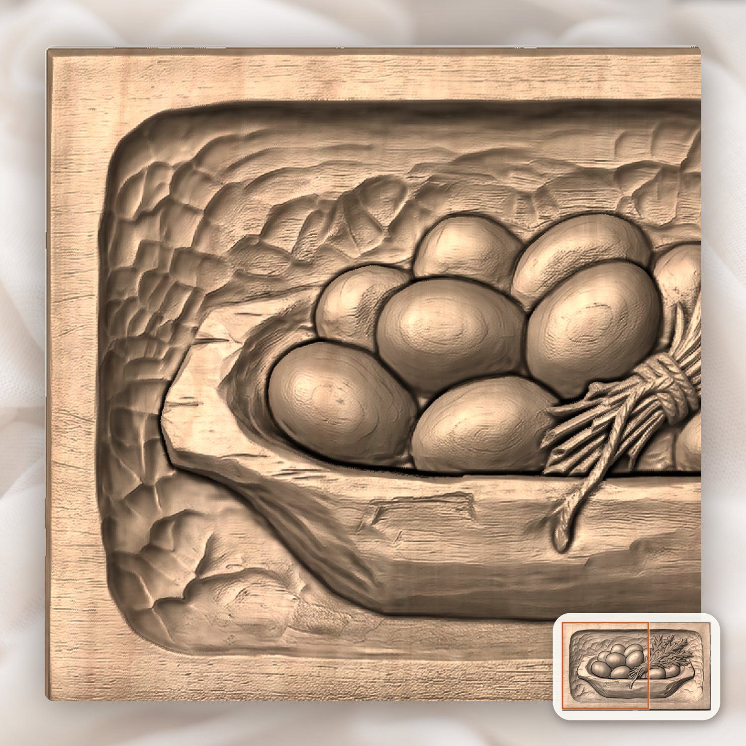 Farmhouse Dough Bowl Eggs and Herbs CNC Relief STL bas-relief STL — view 10