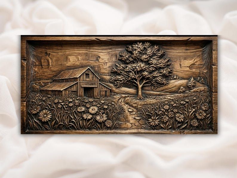 Carved wood relief of a rustic barn, a large tree, and a wildflower meadow with a winding path