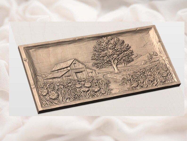 Rustic Barn and Wildflower Meadow Landscape Relief STL bas-relief STL — view 2