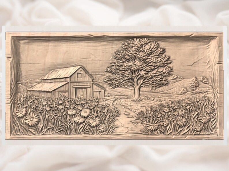 Rustic Barn and Wildflower Meadow Landscape Relief STL bas-relief STL — view 3