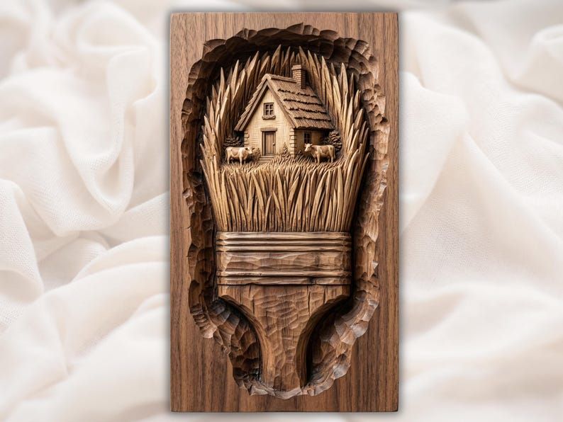 Bas-relief carving of a cottage, two cows, and a wheat field set inside a paintbrush shape in wood