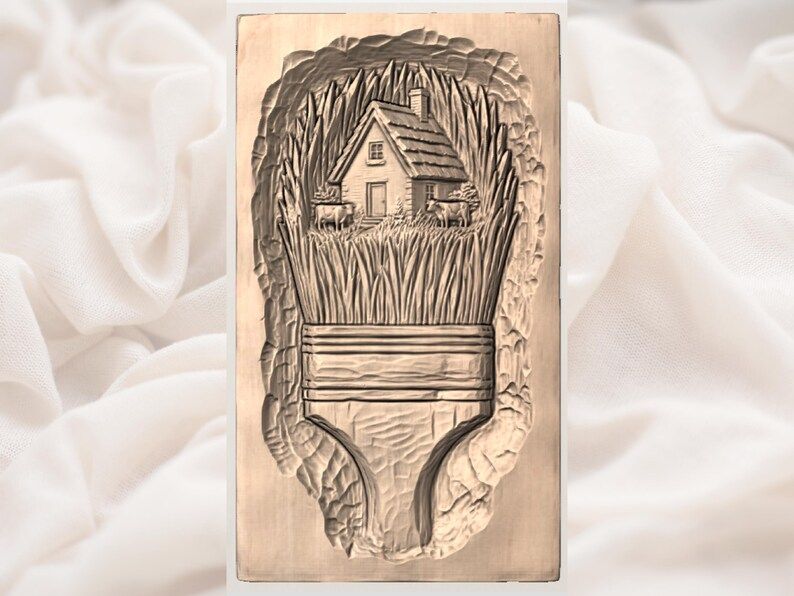 Cottage in a Paintbrush Bas-Relief STL with Cows and Wheat Field bas-relief STL — view 2