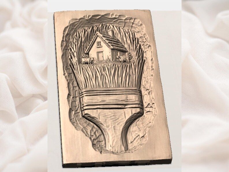 Cottage in a Paintbrush Bas-Relief STL with Cows and Wheat Field bas-relief STL — view 3