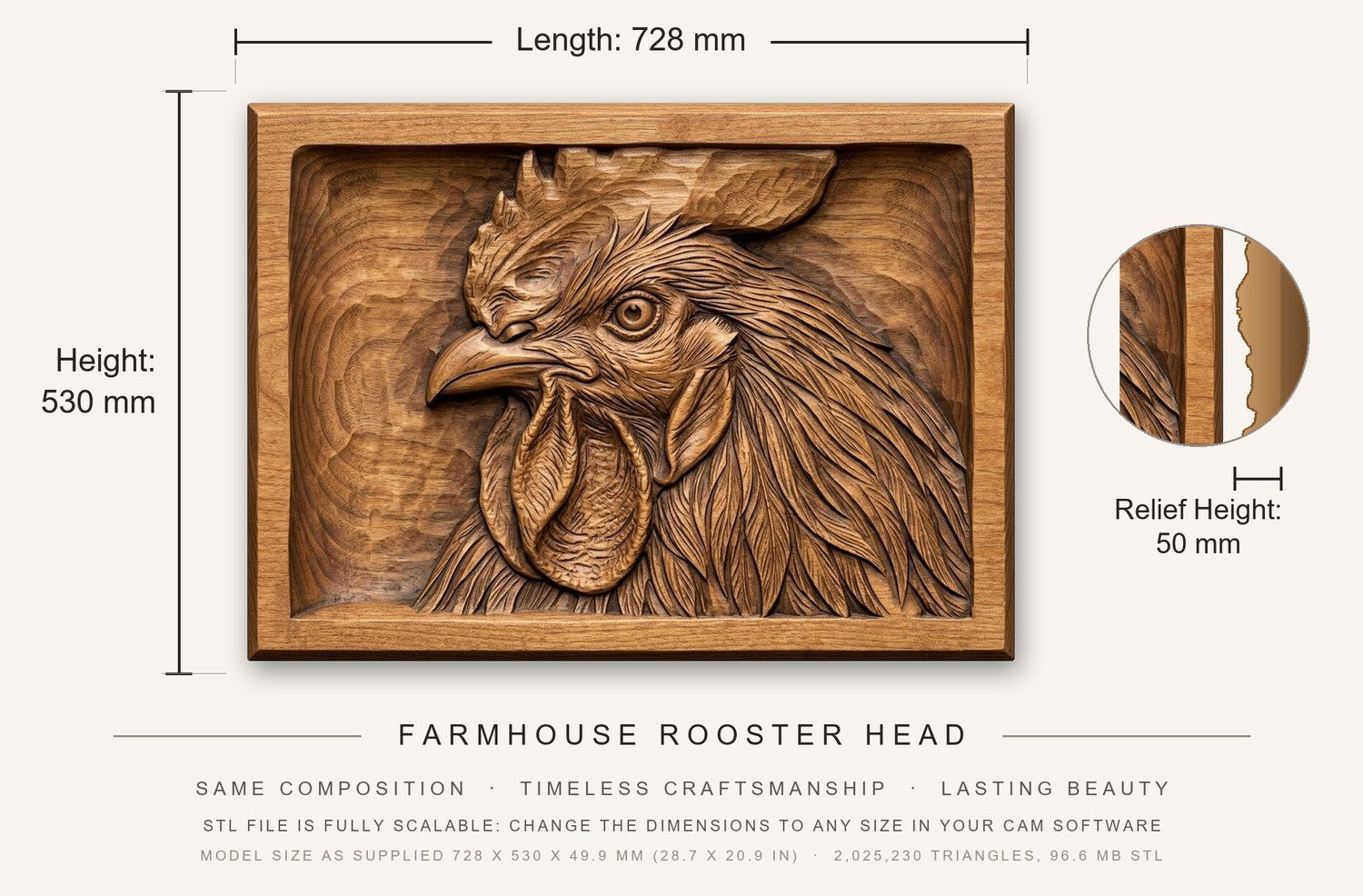 Farmhouse Rooster Head CNC Relief STL bas-relief STL — view 3