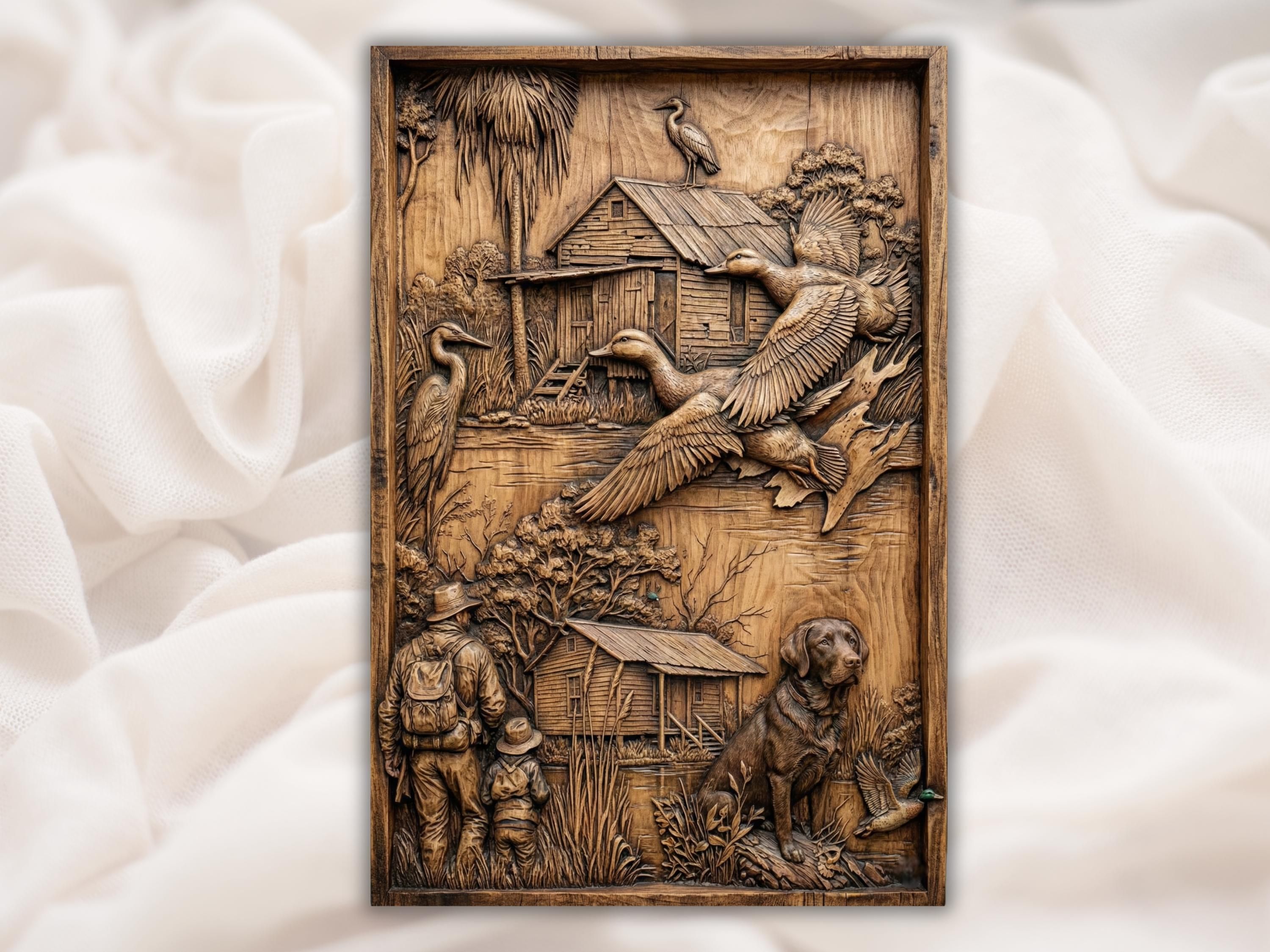 Carved wood relief of a flying duck over a bayou with old cabins, a heron, a boy, and a retriever dog
