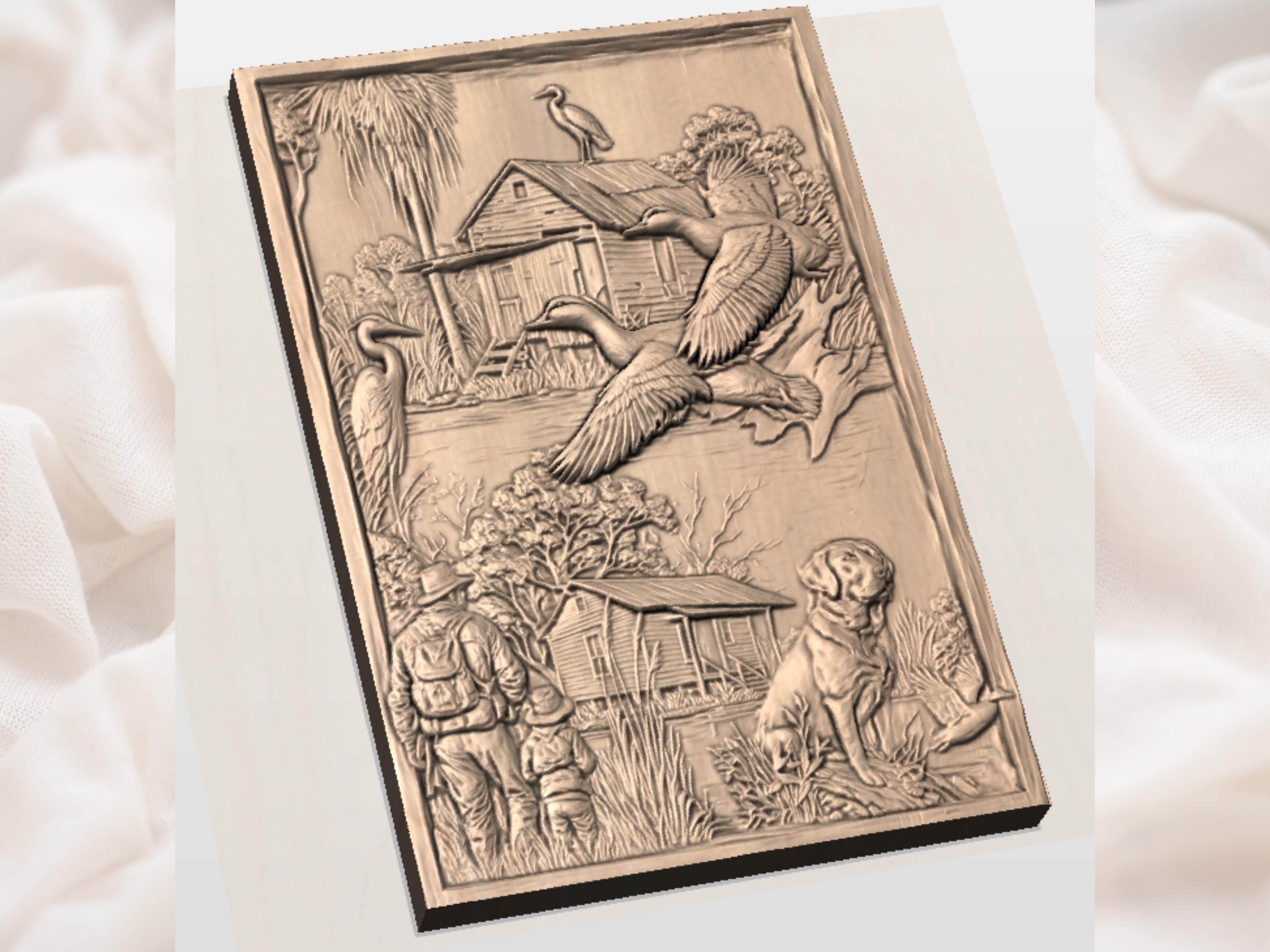 Wood Duck Flushing Over a Bayou Hunting Cabin Relief STL bas-relief STL — view 2