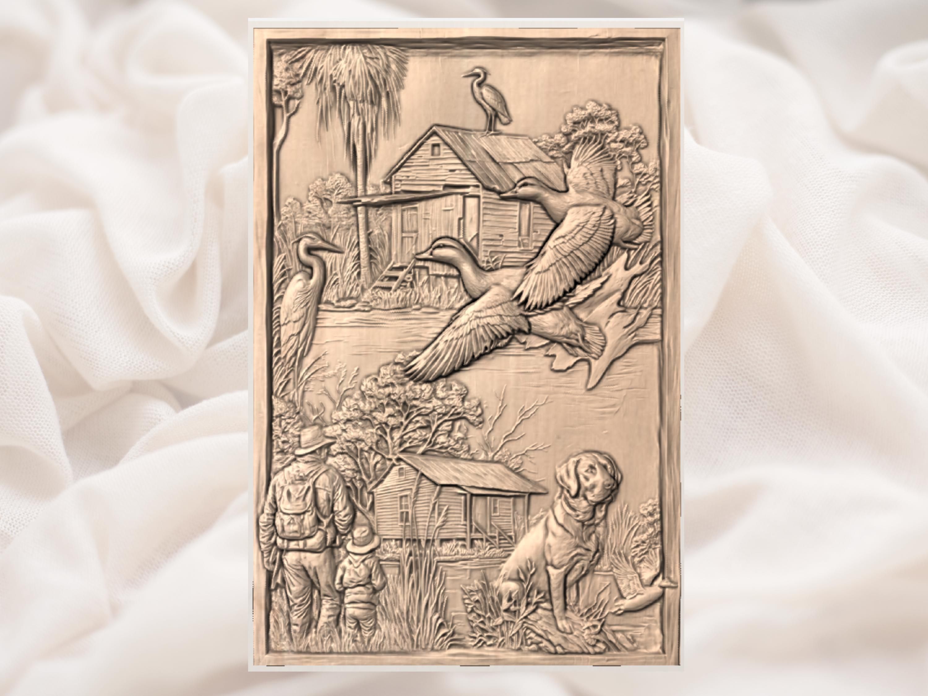 Wood Duck Flushing Over a Bayou Hunting Cabin Relief STL bas-relief STL — view 3