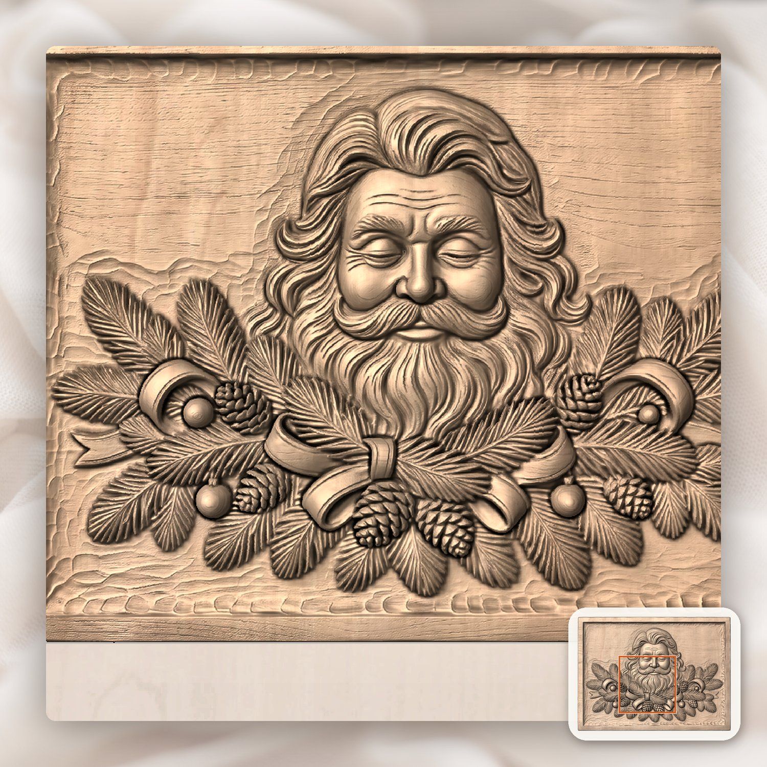 Father Christmas Pine Branch Wreath CNC Relief STL bas-relief STL — view 6