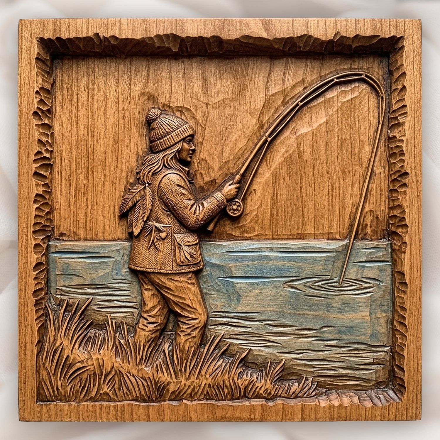 Female Angler Fishing Lake Scene CNC Relief STL bas-relief STL design