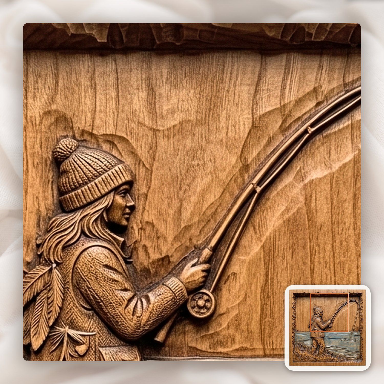 Female Angler Fishing Lake Scene CNC Relief STL bas-relief STL — view 11
