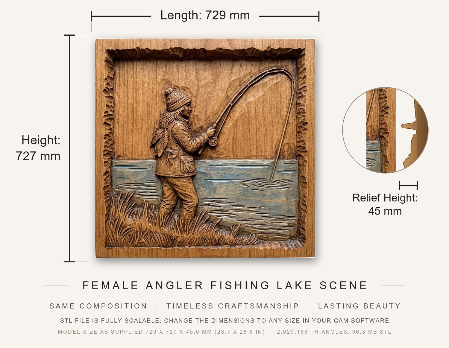 Female Angler Fishing Lake Scene CNC Relief STL bas-relief STL — view 3